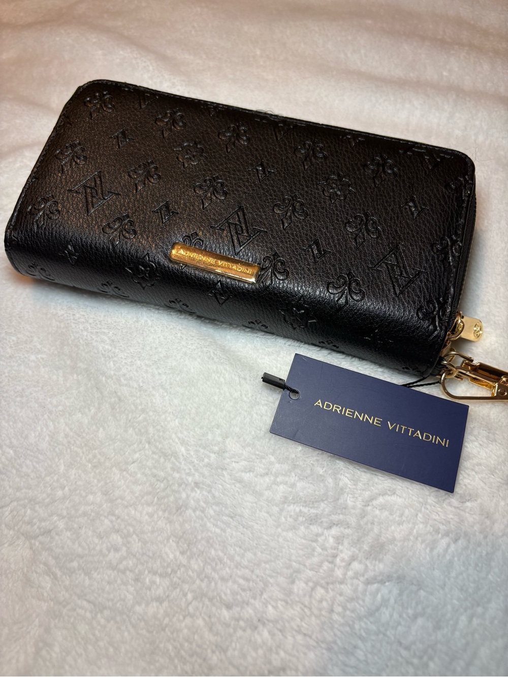 Adrienne Vittadini Black Embossed Zip-Around Wallet with Gold Hardware